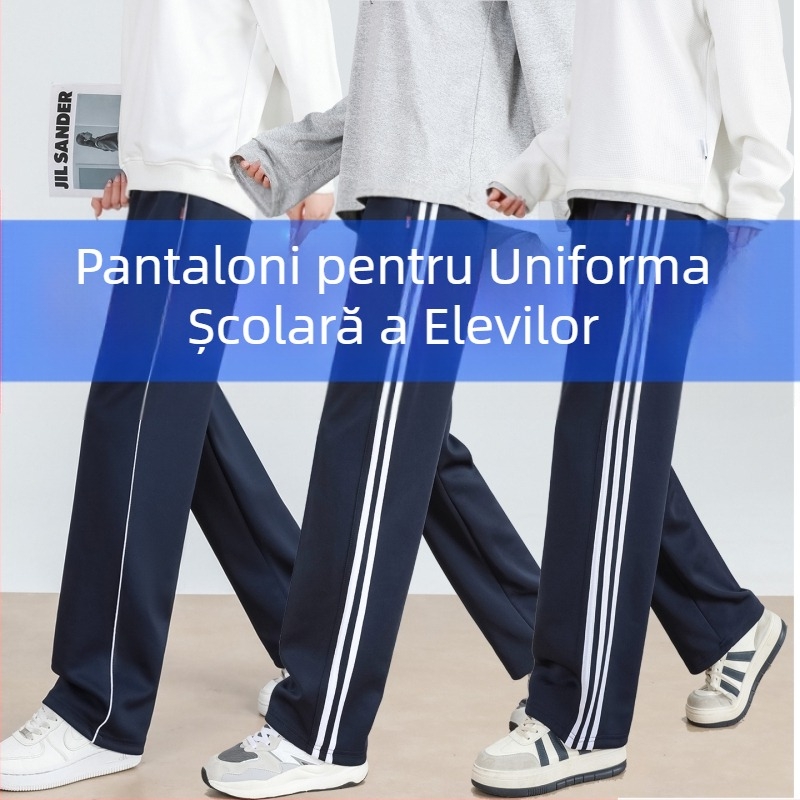Pantaloni pentru uniformă școlară cu fleece, bleumarin, cu o dungă, unisex, croială dreaptă lejeră, pentru elevi de la gimnaziu până la liceu