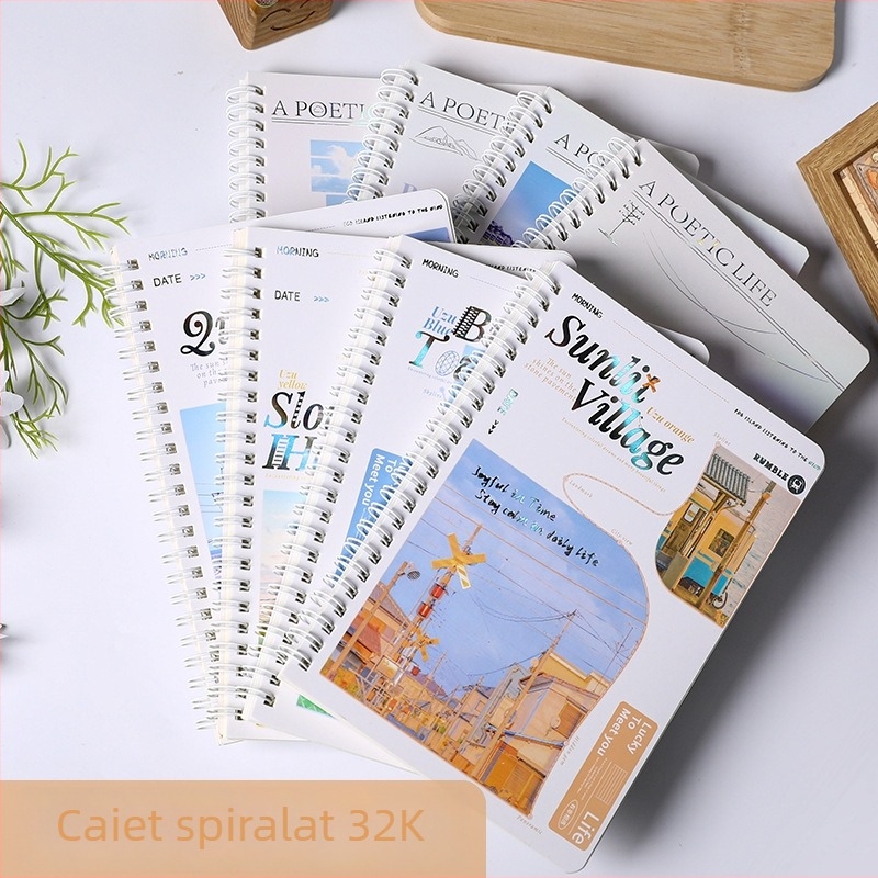 Caiet cu spirală dublă, format B5A, hârtie groasă, pagini albe, pentru elevi din ciclul primar și gimnazial, cu design modern