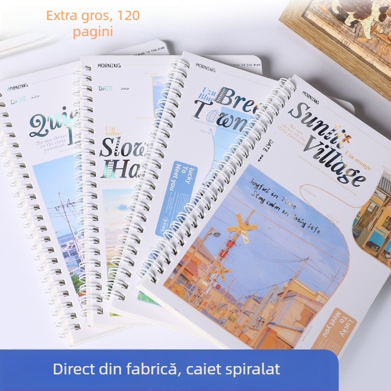 Caiet cu spirală dublă, format B5A, hârtie groasă, pagini albe, pentru elevi din ciclul primar și gimnazial, cu design modern