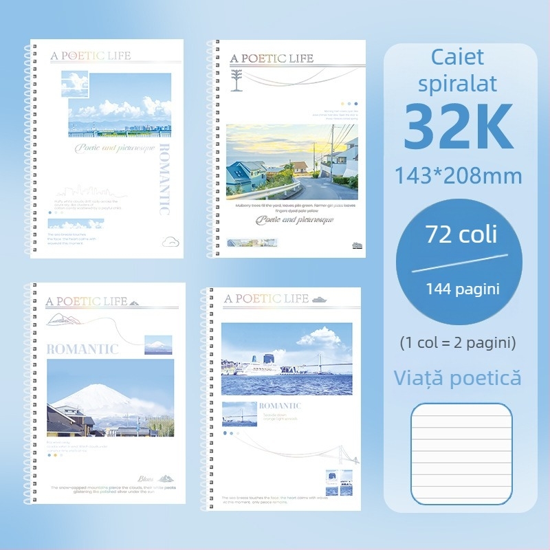 Caiet cu spirală dublă, format B5A, hârtie groasă, pagini albe, pentru elevi din ciclul primar și gimnazial, cu design modern