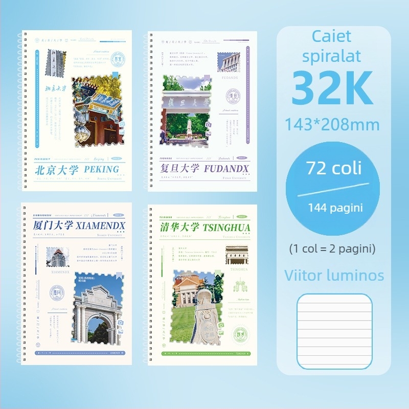 Caiet cu spirală dublă, format B5A, hârtie groasă, pagini albe, pentru elevi din ciclul primar și gimnazial, cu design modern