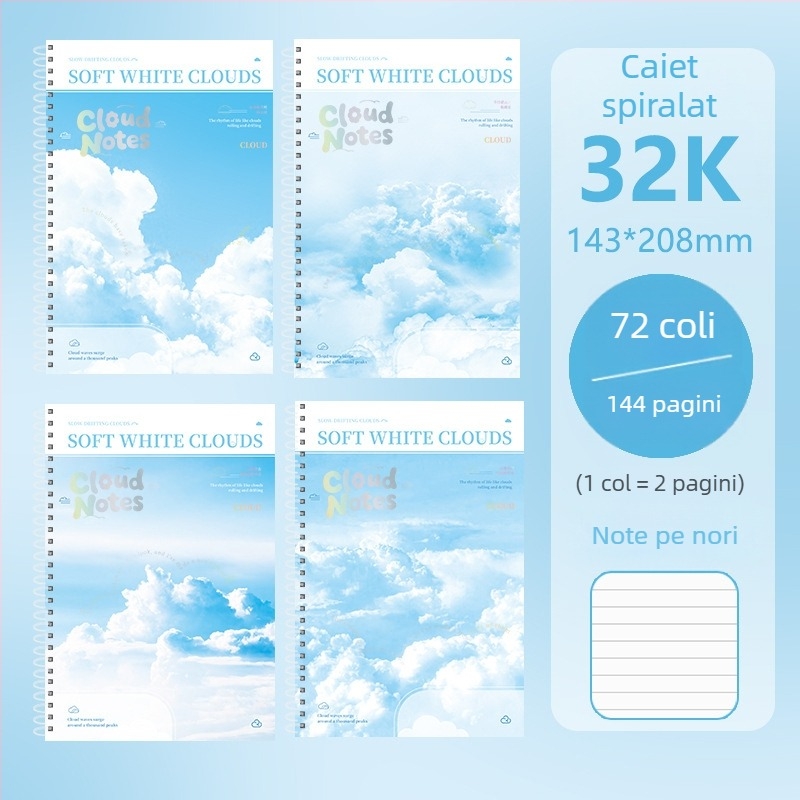 Caiet cu spirală dublă, format B5A, hârtie groasă, pagini albe, pentru elevi din ciclul primar și gimnazial, cu design modern