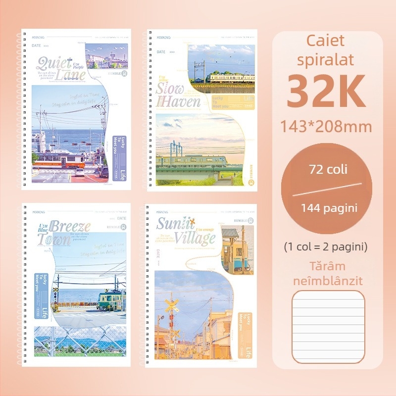Caiet cu spirală dublă, format B5A, hârtie groasă, pagini albe, pentru elevi din ciclul primar și gimnazial, cu design modern