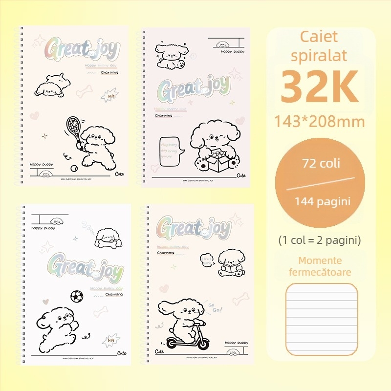 Caiet cu spirală dublă, format B5A, hârtie groasă, pagini albe, pentru elevi din ciclul primar și gimnazial, cu design modern