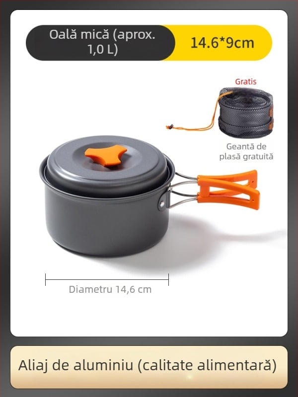 Set de bucătărie în aer liber și plită de camping – set portabil de oale și ceainic pentru aragaz cu butelie