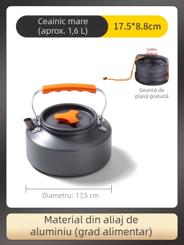 Set de bucătărie în aer liber și plită de camping – set portabil de oale și ceainic pentru aragaz cu butelie