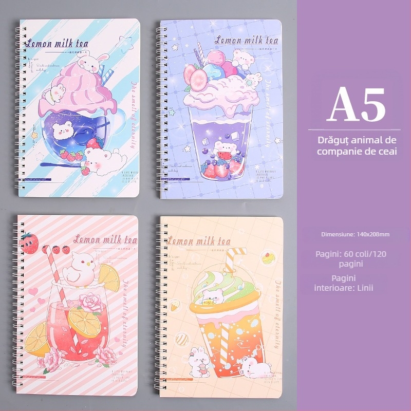 Caiet spiral drăguț cu desene animate, format A5, pagini groase, jurnal cu linii pentru fete