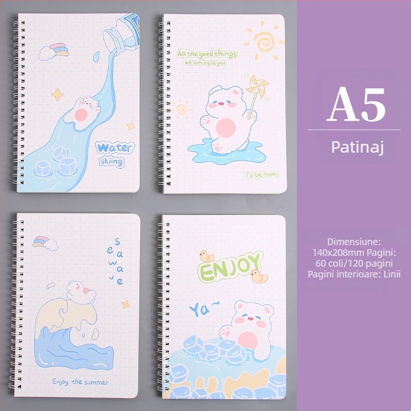 Caiet spiral drăguț cu desene animate, format A5, pagini groase, jurnal cu linii pentru fete