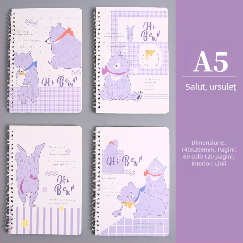 Caiet spiral drăguț cu desene animate, format A5, pagini groase, jurnal cu linii pentru fete