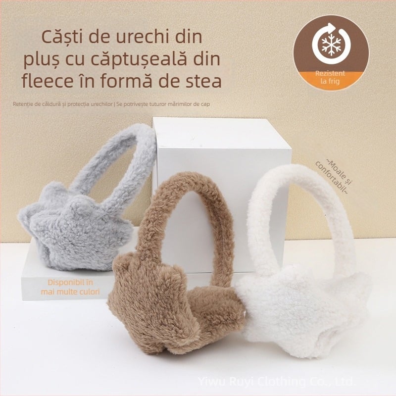 Protecții pentru urechi din pluș cu stea cu cinci colțuri, calde iarna, pentru femei, stil casual și versatil