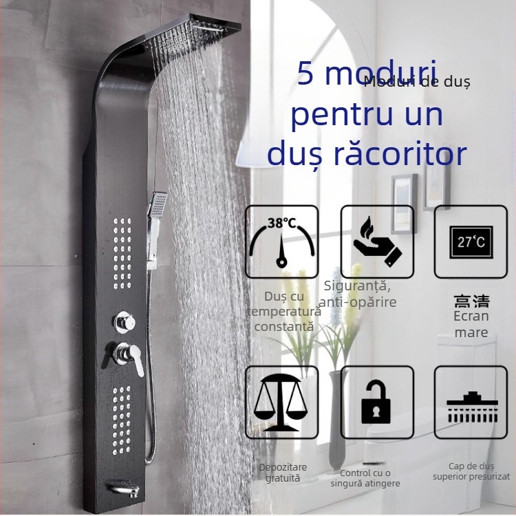 Set de duș din oțel inoxidabil 304 cu afișaj digital, montaj la suprafață, cap de duș negru pentru ploaie, montat pe perete