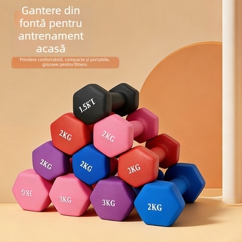 Gantera hexagonală cu înveliș plastic, mată, 1,5 kg, din fontă, echipament de fitness pentru acasă