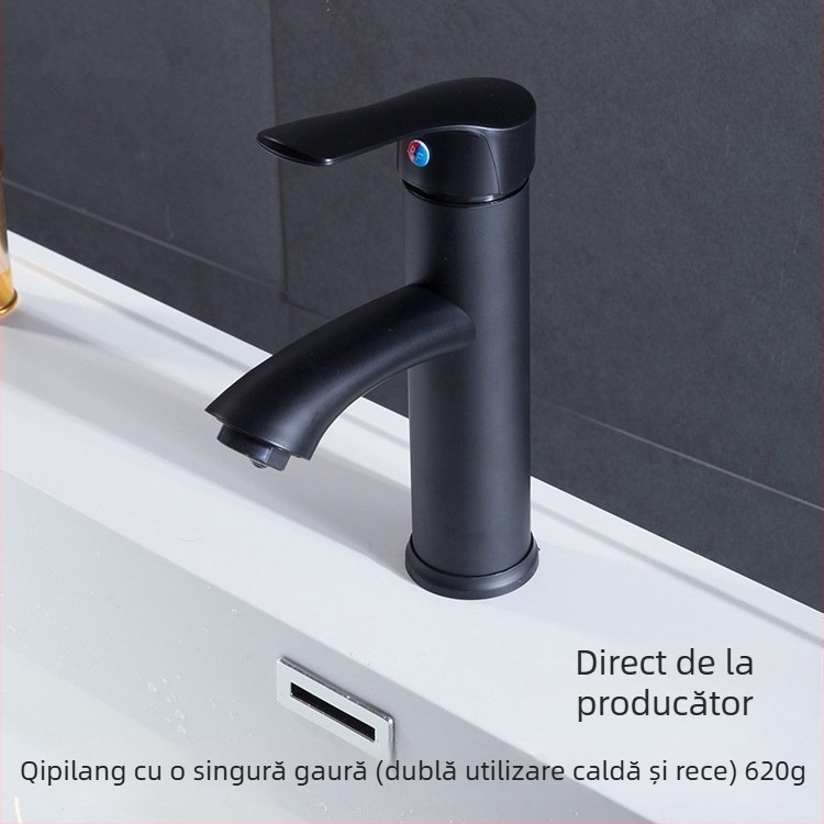 Robinet de chiuvetă negru cromat, montaj printr-un singur orificiu, apă caldă și rece, baie, cartuș ceramic, oțel inoxidabil
