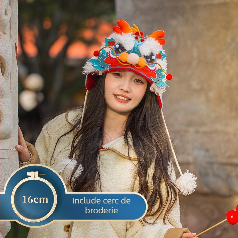 Set de broderie Leul Anului Dragon – pachet DIY din material brodabil pentru pălărie cu cap de dragon, broderie manuală, cadou de amintire pentru copii