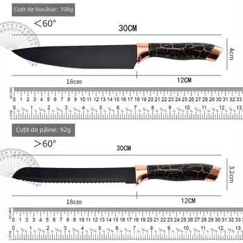 Set de cuțite de bucătărie din oțel inoxidabil, nouă piese, lame cu model marmorat (3Cr13)
