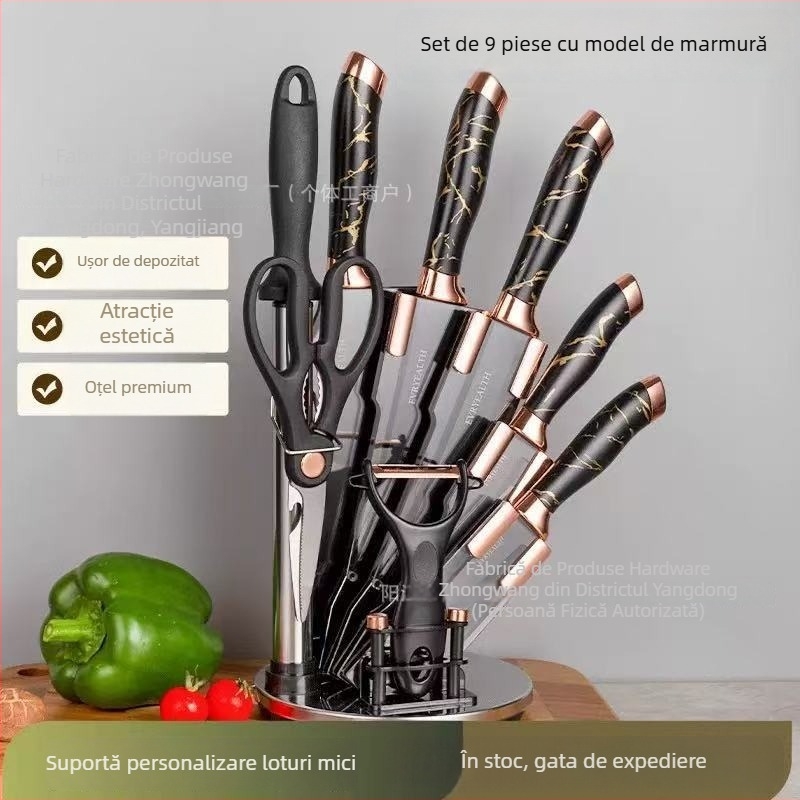 Set de cuțite de bucătărie din oțel inoxidabil, nouă piese, lame cu model marmorat (3Cr13)