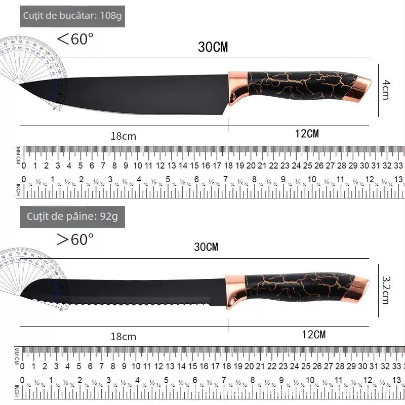 Set de cuțite de bucătărie din oțel inoxidabil, nouă piese, lame cu model marmorat (3Cr13)