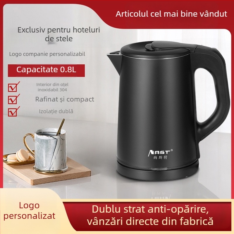 Set de ceainice electrice pentru hoteluri și pensiuni cu logo – 0.8L, oțel inox 304, 1000W, oprire automată, personalizare logo