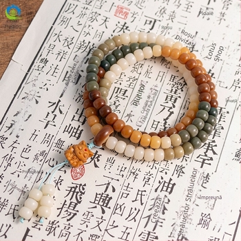 Mărgele Bodhi din semințe Bodhi, 108 mărgele, șir de mână, material natural, mărgele cilindrice din rădăcină Bodhi pentru gât