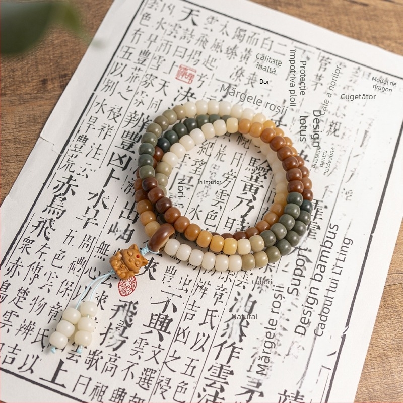 Mărgele Bodhi din semințe Bodhi, 108 mărgele, șir de mână, material natural, mărgele cilindrice din rădăcină Bodhi pentru gât