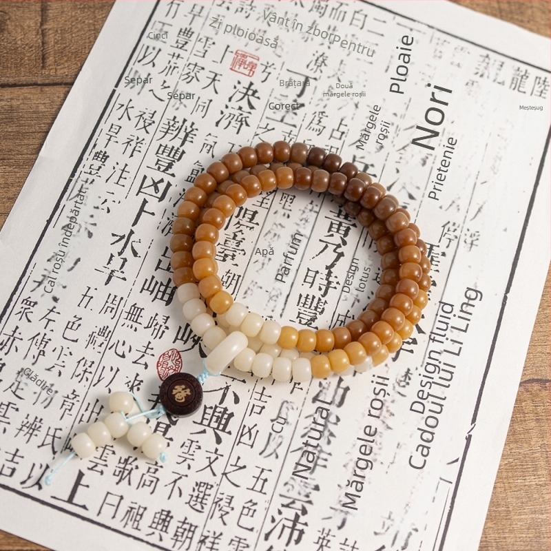 Mărgele Bodhi din semințe Bodhi, 108 mărgele, șir de mână, material natural, mărgele cilindrice din rădăcină Bodhi pentru gât