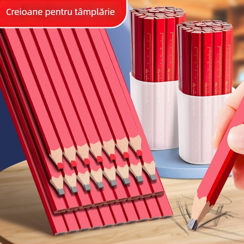 Creion pentru tâmplărie cu corp octogonal, roșu și negru, miez gros, vârf plat, formă ovală pentru marcarea pe șantier