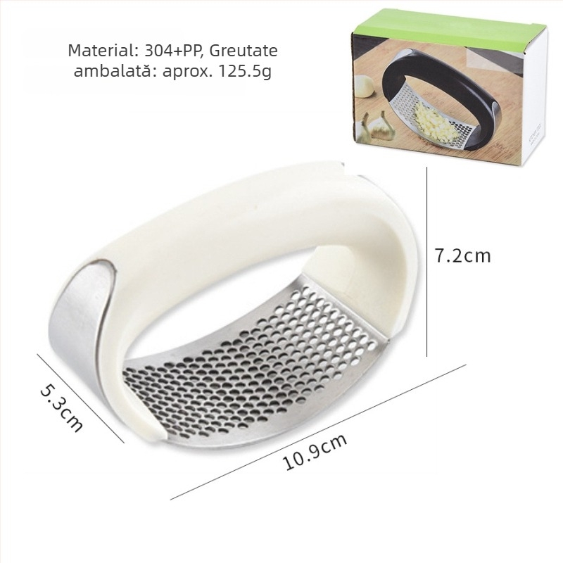 Presă de usturoi din oțel inoxidabil — instrument de bucătărie manual, zdrobitor circular pentru usturoi și curățător de usturoi