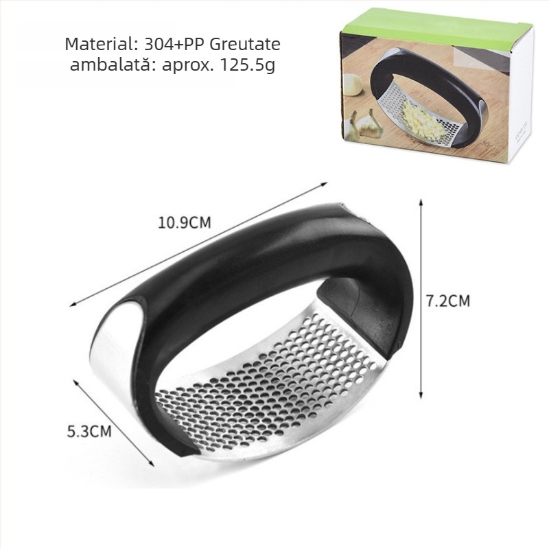 Presă de usturoi din oțel inoxidabil — instrument de bucătărie manual, zdrobitor circular pentru usturoi și curățător de usturoi