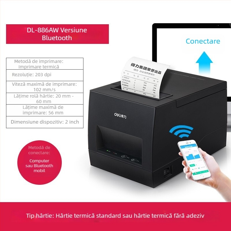 Deli DL-886BS imprimantă de coduri de bare pentru etichete termice cu coduri QR