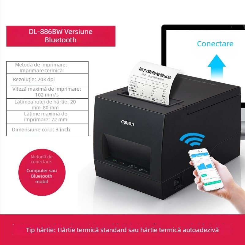 Deli DL-886BS imprimantă de coduri de bare pentru etichete termice cu coduri QR