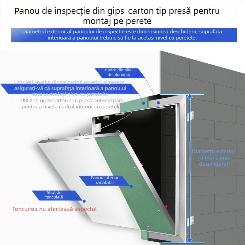 Orificiu decorativ de inspecție montat pe plafon și perete, din plăci de gips-carton