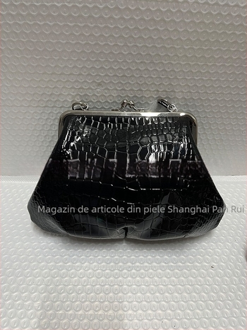 Geantă mică din piele neagră, în formă de dumpling, cu model crocodil, curea de umăr simplă, pentru purtare zilnică