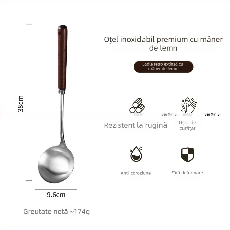 Set de ustensile de bucătărie din oțel inoxidabil 304 cu mânere din lemn – lingură de supă, sită pentru scurgere, spatulă pentru gătit, spatulă pentru prăjit