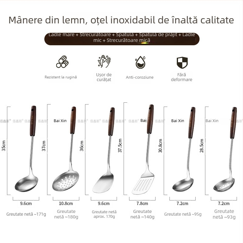 Set de ustensile de bucătărie din oțel inoxidabil 304 cu mânere din lemn – lingură de supă, sită pentru scurgere, spatulă pentru gătit, spatulă pentru prăjit