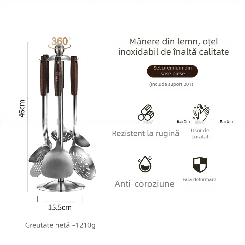 Set de ustensile de bucătărie din oțel inoxidabil 304 cu mânere din lemn – lingură de supă, sită pentru scurgere, spatulă pentru gătit, spatulă pentru prăjit