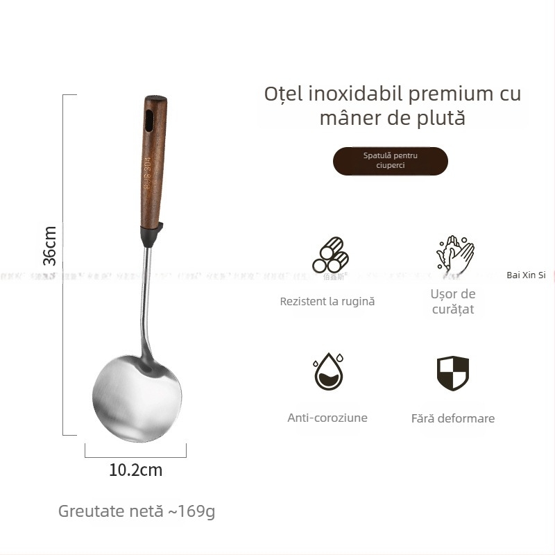 Set de ustensile de bucătărie din oțel inoxidabil 304 cu mânere din lemn – lingură de supă, sită pentru scurgere, spatulă pentru gătit, spatulă pentru prăjit