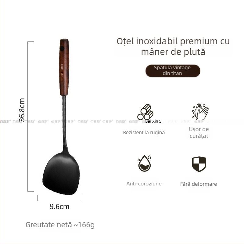 Set de ustensile de bucătărie din oțel inoxidabil 304 cu mânere din lemn – lingură de supă, sită pentru scurgere, spatulă pentru gătit, spatulă pentru prăjit