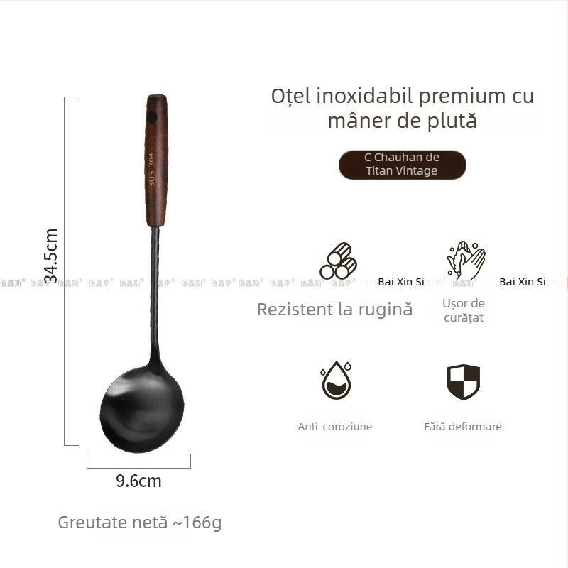 Set de ustensile de bucătărie din oțel inoxidabil 304 cu mânere din lemn – lingură de supă, sită pentru scurgere, spatulă pentru gătit, spatulă pentru prăjit