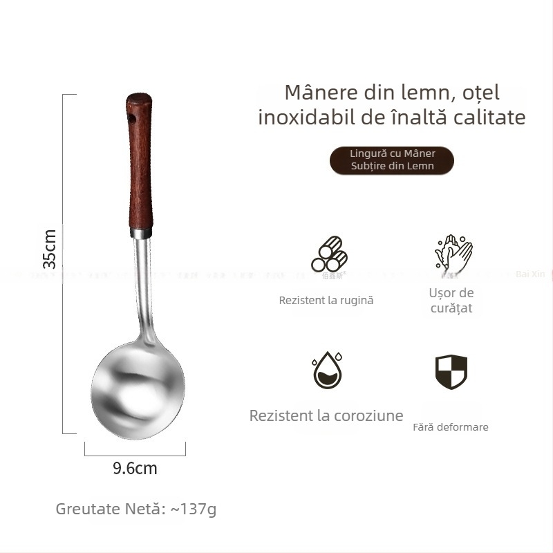 Set de ustensile de bucătărie din oțel inoxidabil 304 cu mânere din lemn – lingură de supă, sită pentru scurgere, spatulă pentru gătit, spatulă pentru prăjit