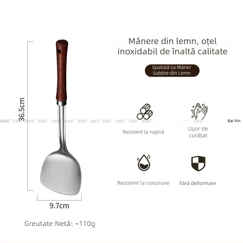 Set de ustensile de bucătărie din oțel inoxidabil 304 cu mânere din lemn – lingură de supă, sită pentru scurgere, spatulă pentru gătit, spatulă pentru prăjit