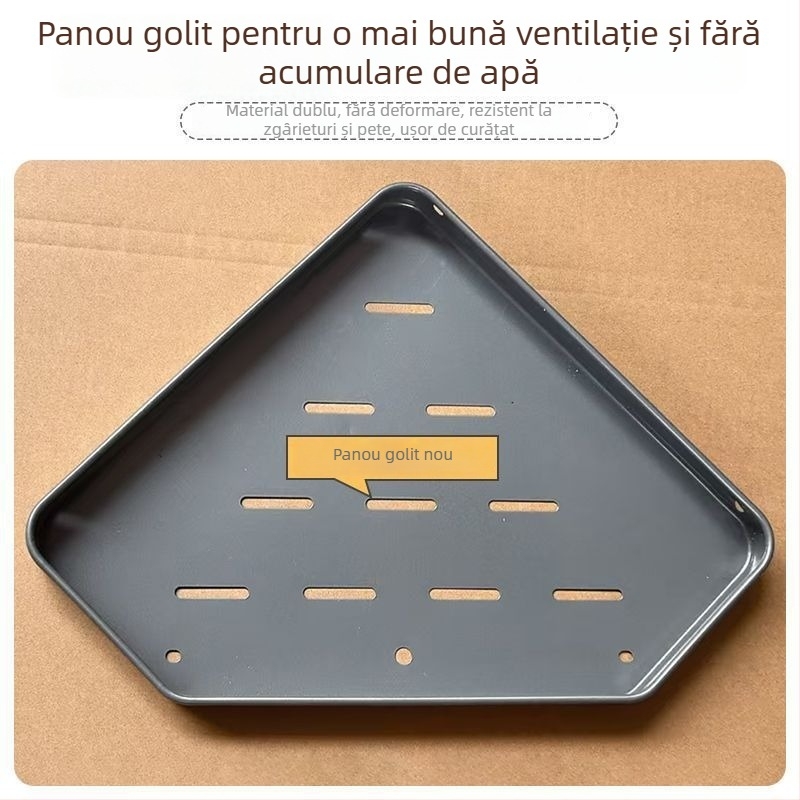 Etajeră de baie și bucătărie, pe podea, colț triunghiular, cu mai multe rafturi, portabilă