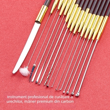 Set de unelte pentru curățarea urechii cu tijă de carbon, vârfuri de linguri pentru urechi și vârfuri cu formă de ciupercă, bețișoare de bumbac