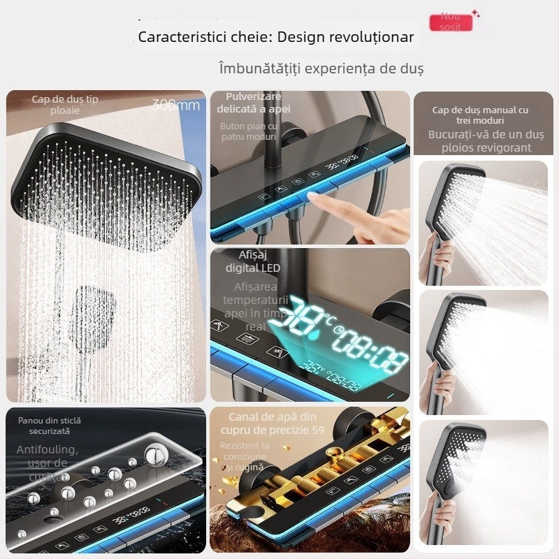 Set duș cu afișaj digital, apă caldă/rece, placare cu cupru, montaj pe perete, cap de duș pătrat tip ploaie, presiune mărită