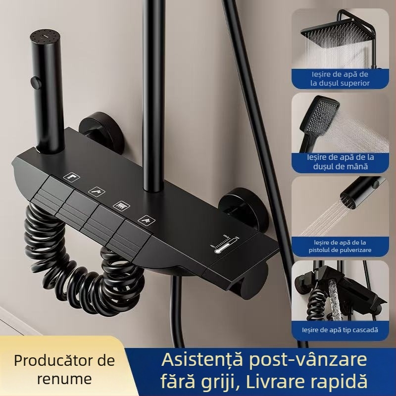 Set duș cu afișaj digital, apă caldă/rece, placare cu cupru, montaj pe perete, cap de duș pătrat tip ploaie, presiune mărită
