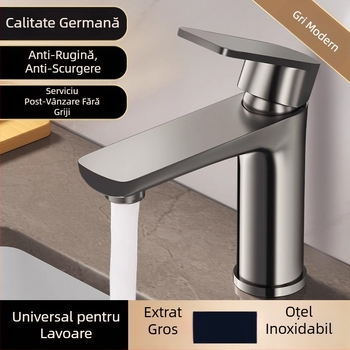 Robinet de bazin cu un singur orificiu, gri gunmetal, pentru apă caldă și rece – baie, oțel inoxidabil