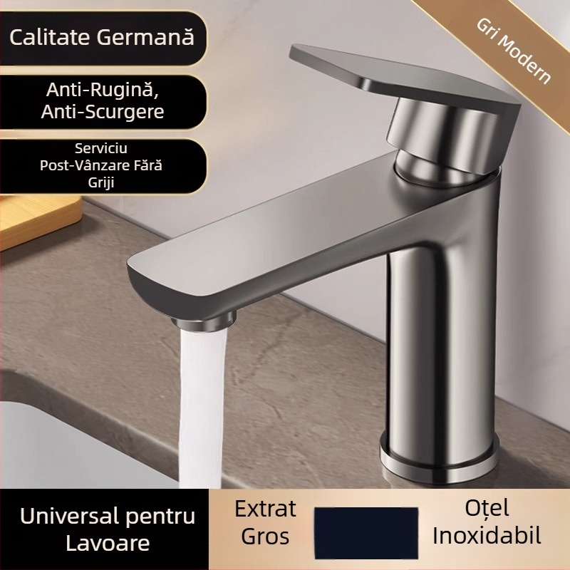 Robinet de bazin cu un singur orificiu, gri gunmetal, pentru apă caldă și rece – baie, oțel inoxidabil