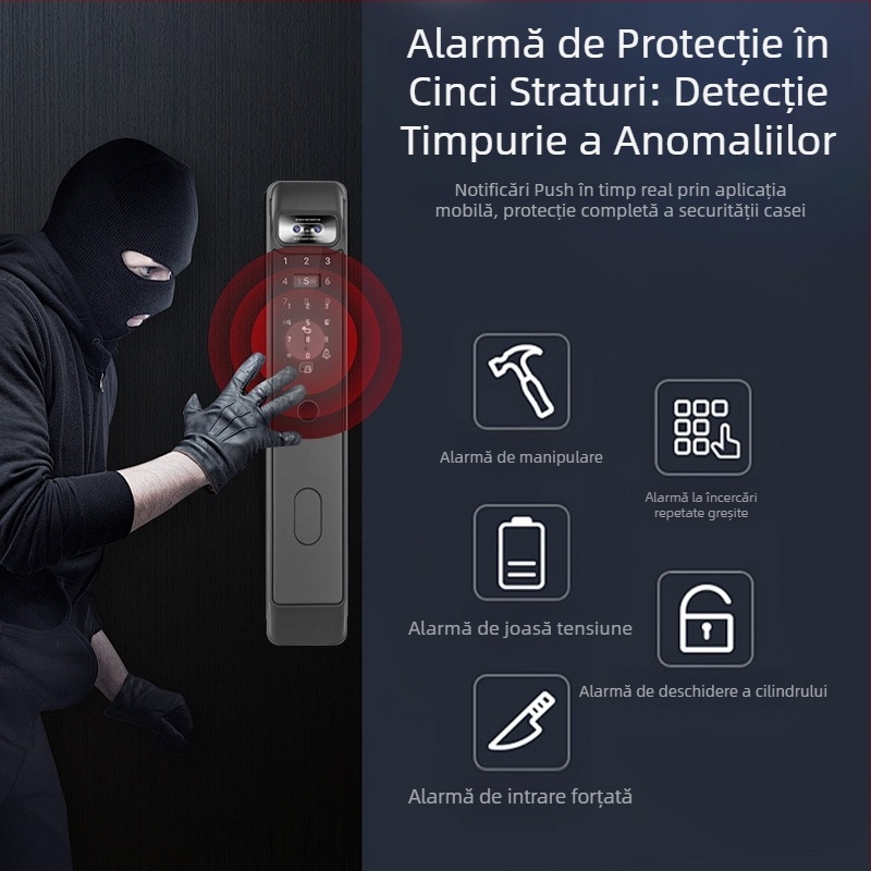  Lacăt inteligent cu recunoaștere facială 3D, control prin aplicație, acces cu amprentă sau parolă, protecție împotriva furtului