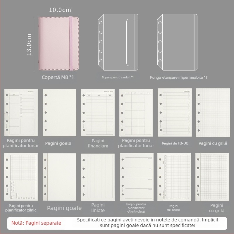 M8Pu agendă-binder pentru elevi și copii, jurnal de călătorie în nuanțe macaron, 42 de pagini, hârtie Dowling, dimensiune 10x13 cm, 5 găuri