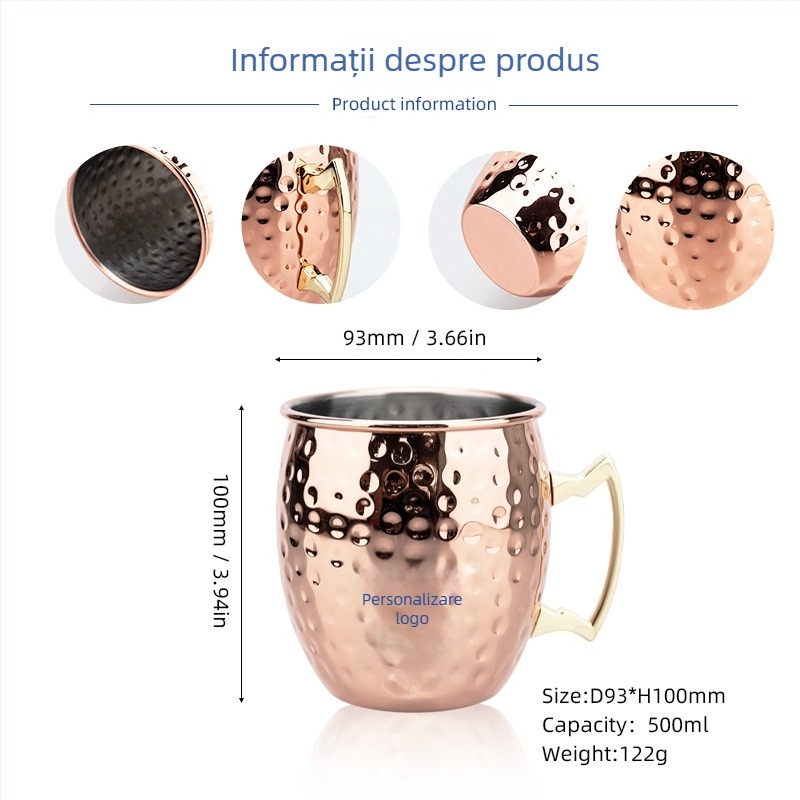 Pahar Moscow Mule placat cu cupru, din oțel inoxidabil, pahar cocktail 400–500 ml