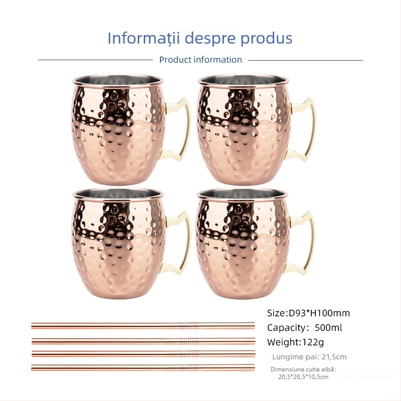 Pahar Moscow Mule placat cu cupru, din oțel inoxidabil, pahar cocktail 400–500 ml